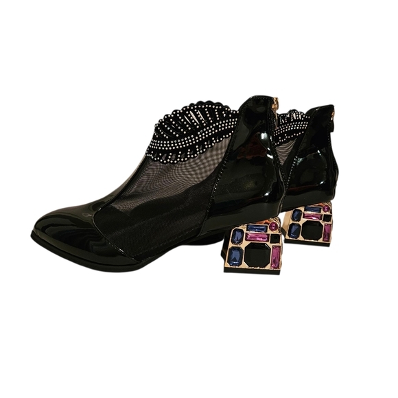 Unknown Shoes - Black Rhinestone Gem Heel Ankle Boots Sz 38 (7.5 US) Party Prom Glam Whimsigoth‎